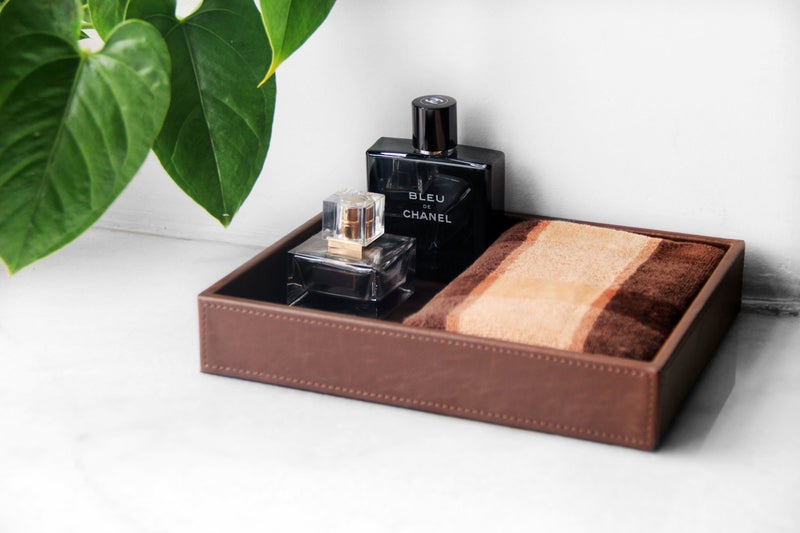 HofferRuffer Decorative Vanity Tray, Desktop Storage Organizer, Catchall Tray, Valet Tray, Nightstand or Dresser Organizer, PU Faux Leather Bathroom Tray, Brown, 10.2 x 8.4 x 1.8 inches - Image 5